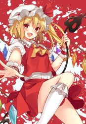 Rule 34 | 1girl, ascot, blonde hair, blush, bobby socks, fang, flandre scarlet, hat, kneehighs, laevatein, long hair, looking at viewer, open mouth, outstretched hand, pointy ears, red eyes, shiromikan, side ponytail, socks, solo, touhou, white socks, wings, wrist cuffs