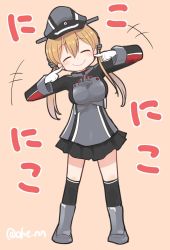 Rule 34 | +++, 1girl, ^ ^, ahenn, black skirt, black thighhighs, blonde hair, breasts, closed eyes, closed eyes, full body, gloves, hair between eyes, hat, kantai collection, large breasts, long hair, long sleeves, low twintails, military, military hat, military uniform, peaked cap, pink background, pleated skirt, prinz eugen (kancolle), simple background, skirt, smile, solo, standing, thighhighs, twintails, twitter username, uniform, white gloves
