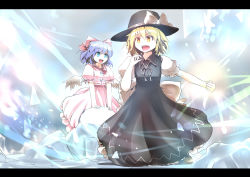 Rule 34 | 2girls, black dress, blonde hair, blue eyes, blue hair, bow, clenched hand, culter, dress, female focus, hair bow, hat, highres, ice, letterboxed, mai (touhou), multiple girls, mystic square, open mouth, pc98, pink dress, smile, snow, touhou, touhou (pc-98), wings, witch, yellow eyes, yuki (touhou)