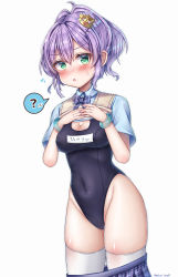 Rule 34 | 1girl, ?, absurdres, azur lane, bad id, bad pixiv id, blue shirt, clothes lift, covered navel, crown, dress shirt, green eyes, hair ornament, hairclip, highleg, highleg swimsuit, highres, himeno ame, javelin (azur lane), looking at viewer, medium hair, name connection, purple hair, school swimsuit, shirt, shirt lift, simple background, skirt, unworn skirt, solo, spoken question mark, sweater vest, swimsuit, swimsuit under clothes, thighhighs, white background, white thighhighs, wide ponytail