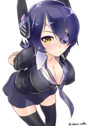 Rule 34 | 10s, 1girl, black thighhighs, blush, breasts, cleavage, collarbone, eyepatch, female focus, headgear, highres, kantai collection, large breasts, looking at viewer, multiple girls, necktie, purple hair, school uniform, short hair, signature, simple background, skirt, smile, solo, tenryuu (kancolle), thighhighs, tori kaku, yellow eyes