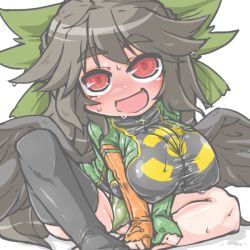 Rule 34 | 1girl, alternate costume, black hair, black thighhighs, black wings, blush, bow, breasts, chibi, covered erect nipples, eyebrows, feathered wings, full-face blush, green panties, hair bow, kureha mitsushige, large breasts, legs, long hair, long sleeves, looking to the side, looking up, no pants, open mouth, panties, radiation symbol, red eyes, red pupils, reiuji utsuho, shirt, simple background, single thighhigh, sitting, smile, solo, sparkle, sweat, taut clothes, taut shirt, thick eyebrows, thighhighs, thighs, touhou, underwear, very long hair, wet, white background, wings, zipper