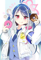 Rule 34 | 1girl, :q, absurdres, antenna hair, black hair, blue archive, collared shirt, commentary request, doughnut, dual wielding, food, fubuki (blue archive), hair between eyes, hair ornament, halo, heart, heart hair ornament, highres, holding, holding food, long hair, long sleeves, looking at viewer, multicolored hair, pencil skirt, police, police badge, police uniform, policewoman, red eyes, shirt, sidelocks, skirt, smile, solo, streaked hair, toketacocoa, tongue, tongue out, twintails, two-tone hair, uniform, walkie-talkie