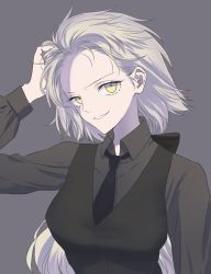 Rule 34 | 1girl, blonde hair, fate/grand order, fate (series), formal, jeanne d&#039;arc (fate), jeanne d&#039;arc alter (avenger) (fate), jeanne d&#039;arc alter (fate), long hair, looking at viewer, nipi27, simple background, smile, solo, suit, yellow eyes