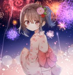 Rule 34 | 1girl, aerial fireworks, back bow, blurry, blurry background, blush, bow, brown eyes, brown hair, cherry blossom print, closed mouth, depth of field, fireworks, floral print, flower, hair between eyes, hair flower, hair ornament, highres, himemiya shuang, japanese clothes, kimono, long sleeves, looking at viewer, looking to the side, night, night sky, original, outdoors, pink flower, pink kimono, print kimono, red bow, red flower, sky, sleeves past wrists, smile, solo, star (sky), starry sky, wide sleeves