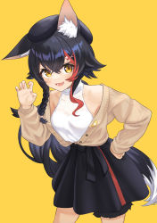 Rule 34 | 1girl, absurdres, animal ears, beret, black hair, black hat, braid, brown cardigan, cardigan, claw pose, cowboy shot, flipped hair, hair ornament, hairclip, halterneck, hand on own hip, hat, highres, hololive, jiu fanglianhua, leaning forward, long hair, looking at viewer, low ponytail, miniskirt, multicolored hair, ookami mio, ookami mio (street), open mouth, red hair, side braid, skirt, sleeveless, smile, solo, streaked hair, striped, tail, tail around own leg, tail wrap, turtleneck, vertical stripes, very long hair, virtual youtuber, white hair, wolf ears, wolf girl, wolf tail, yellow background, yellow eyes