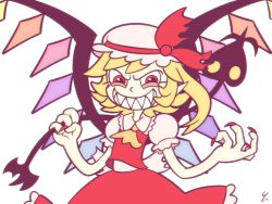 Rule 34 | 1girl, ascot, bare arms, blonde hair, crystal, cuphead (game), evil eyes, evil grin, evil smile, fingernails, flandre scarlet, frilled shirt collar, frilled sleeves, frills, grin, hands up, hat, hat ribbon, holding, holding weapon, laevatein, looking at viewer, medium hair, mob cap, nail polish, parody, pointy ears, puffy short sleeves, puffy sleeves, red eyes, red nails, red ribbon, red skirt, red vest, retro artstyle, ribbon, sharp fingernails, sharp teeth, short sleeves, side ponytail, simple background, skirt, skirt set, smile, solo, style parody, teeth, touhou, upper body, vest, weapon, white background, wings, yatsunote, yellow ascot