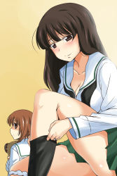 Rule 34 | 10s, 2girls, alternate costume, bandages, black hair, blunt bangs, boko (girls und panzer), breasts, brown eyes, brown hair, cleavage, collarbone, commentary request, girls und panzer, green skirt, highres, jewelry, large breasts, long hair, long sleeves, looking at viewer, mature female, mother and daughter, multiple girls, neckerchief, nishi koutarou, nishizumi miho, nishizumi shiho, ooarai school uniform, panties, panties around leg, pleated skirt, ring, school uniform, serafuku, shaded face, short hair, skirt, stuffed animal, stuffed toy, teddy bear, text focus, underwear, wedding band
