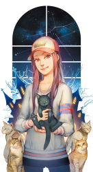 Rule 34 | 1girl, artist name, baseball cap, brown eyes, cat, constellation, dated, flag print, hat, highres, long hair, looking at viewer, lvans, original, red hair, signature, sky, smile, solo, star (sky), starry sky, sweater, union jack