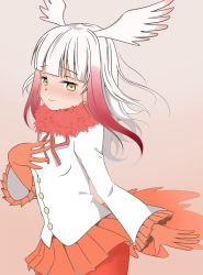 Rule 34 | 10s, 1girl, blonde hair, blunt bangs, blush, breasts, commentary request, feather boa, feathers, frilled sleeves, frills, from side, gloves, gradient background, green eyes, hand on own chest, head wings, jacket, japanese crested ibis (kemono friends), kemono friends, light blush, long hair, long sleeves, looking at viewer, multicolored hair, nose blush, pantyhose, pink background, pleated skirt, red hair, shino (ponjiyuusu), sidelocks, skirt, small breasts, smile, solo, white jacket, wide sleeves, wings, yellow eyes