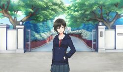 Rule 34 | 1girl, arm at side, black hair, black hoodie, cinderella series, closed mouth, game cg, green eyes, grey shirt, hachigatsu no cinderella nine, hand in pocket, highres, hood, hoodie, looking at viewer, necktie, non-web source, official art, outdoors, plaid clothes, plaid skirt, pleated skirt, red necktie, school gateway, school uniform, serafuku, shirt, short hair, skirt, solo, standing, tree, tsukumo kana, white shirt