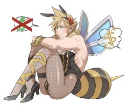 Rule 34 | antennae, aqua eyes, bee costume, blonde hair, bulge, cloud strife, crossdressing, crossed arms, dollar sign, final fantasy, final fantasy vii, final fantasy vii remake, fishnets, flower, hair flower, hair ornament, high heels, insect wings, male focus, muscular, muscular male, ryouto, snake, spiked hair, square enix, stinger, wall market, white background, wings