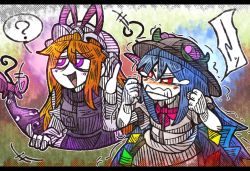 Rule 34 | +++, 2girls, ?, angry, black border, blonde hair, blue hair, blush stickers, border, bow, bowtie, clenched hands, clenched teeth, colored skin, crying, crying with eyes open, food, fruit, gap (touhou), gradient background, hand on own ear, hand on own ear, hat, hat ribbon, hinanawi tenshi, letterboxed, long hair, long sleeves, mob cap, multiple girls, peach, puffy short sleeves, puffy sleeves, purple eyes, rainbow order, red eyes, ribbon, short sleeves, smile, spoken question mark, suenari (peace), tabard, teardrop, tearing up, tears, teeth, touhou, upper body, white skin, yakumo yukari