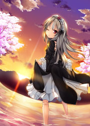 Rule 34 | 1girl, asa (swallowtail), black dress, black hairband, blush, cloud, doll joints, dress, dutch angle, flower, frilled hairband, frills, gothic lolita, gradient sky, hairband, joints, lolita fashion, long hair, long sleeves, looking at viewer, looking back, mountain, one eye closed, orange sky, parted lips, pink flower, purple sky, red eyes, red flower, red rose, rose, rozen maiden, silver hair, skirt hold, sky, solo, suigintou, sun, sunset, tree, v-shaped eyebrows, very long hair, wading, water, wide sleeves