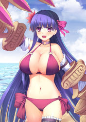 Rule 34 | 10s, 1girl, :d, arm up, bare shoulders, bikini, blue sky, blush, bow, breasts, choker, claws, cleavage, cloud, cloudy sky, collarbone, commentary request, day, detached sleeves, fate/extra, fate/extra ccc, fate (series), flower, hair bow, hair flower, hair ornament, horizon, huge breasts, long hair, navel, o-ring, o-ring bikini, o-ring top, ocean, open mouth, outdoors, passionlip (fate), pink bow, purple choker, purple eyes, purple hair, red bikini, red flower, side-tie bikini bottom, sky, smile, solo, srwsrx (gp03dsrx), swimsuit, very long hair, water