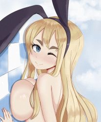 Rule 34 | 1girl, animal ears, blonde hair, blue eyes, blush, breast press, breasts, closed mouth, completely nude, fake animal ears, hairband, highres, k-on!, kotobuki tsumugi, large breasts, long hair, looking at viewer, nude, one eye closed, rabbit ears, smile, solo, thick eyebrows, young savage