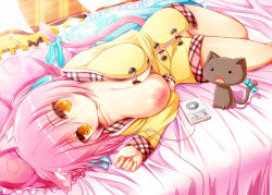Rule 34 | 1girl, animal ears, bed, blush, breast slip, breasts, cat, cat ears, cat tail, cleft of venus, coat, digital media player, female focus, highres, ipod, large breasts, looking at viewer, lying, naked coat, nipples, no panties, one breast out, original, pink hair, pussy, ribbon, shia flatpaddy, smile, solo, syroh, tail, tail ornament, tail ribbon, uncensored, yellow eyes