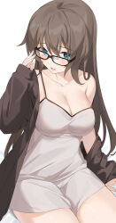 Rule 34 | 1girl, absurdres, adjusting eyewear, bare shoulders, black-framed eyewear, blue eyes, blush, breasts, brown jacket, camisole, cleavage, collarbone, commentary request, glasses, hachinatsu, hair between eyes, hand up, highres, jacket, jacket partially removed, large breasts, long hair, looking at viewer, off shoulder, open clothes, open jacket, open mouth, original, simple background, sitting, sleeves past wrists, upper body, white background, white camisole