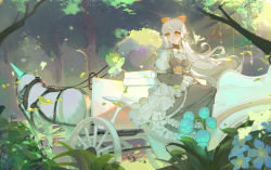 Rule 34 | 1girl, a dream, absurdres, bow, breasts, carriage, dress, fairy, flower, forest, hair bow, highres, long hair, long sleeves, nature, orange bow, original, parted lips, plant, pointy ears, sitting, sleeves past wrists, unicorn, white hair, yellow eyes