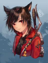 Rule 34 | animal ear fluff, animal ears, artist name, black hair, black shirt, blush, closed mouth, commentary, commission, cropped torso, dated, ear piercing, english commentary, facial mark, final fantasy, final fantasy xiv, jacket, kobutanori, long hair, looking at viewer, multicolored hair, open clothes, open jacket, piercing, red hair, red jacket, shirt, streaked hair, upper body, warrior of light (ff14), weapon, weapon on back, whisker markings