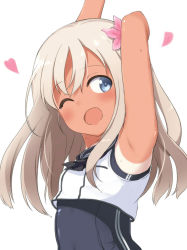 Rule 34 | 10s, 1girl, arm behind head, armpits, arms up, bad id, bad pixiv id, blonde hair, blue eyes, blush, child, crop top, engiyoshi, flower, hair flower, hair ornament, heart, highres, kantai collection, long hair, one-piece swimsuit, one-piece tan, one eye closed, open mouth, platinum blonde hair, ro-500 (kancolle), school swimsuit, school uniform, serafuku, simple background, solo, swimsuit, swimsuit under clothes, tan, tanline, tongue, wet, white background
