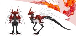 Rule 34 | animal, animal feet, animal focus, animal hands, black feathers, black tail, character sheet, claws, creature, dinosaur, feathers, full body, highres, kamikiririp, no humans, original, red feathers, solo, standing, tail, whiskers, white background