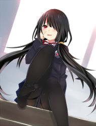 Rule 34 | 10s, 1girl, black hair, black pantyhose, blush, crotch seam, date a live, feet, hair over one eye, hand on own cheek, hand on own face, long hair, looking at viewer, mikan no shiru, no shoes, panties, panties under pantyhose, pantyhose, red eyes, smile, soles, solo, thighband pantyhose, toes, tokisaki kurumi, twintails, underwear