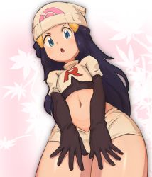 Rule 34 | 1girl, black gloves, blue eyes, blue hair, cosplay, creatures (company), crop top, dawn (pokemon), elbow gloves, game freak, gloves, hair ornament, hairclip, hat, jessie (pokemon), jessie (pokemon) (cosplay), long hair, looking at viewer, midriff, miniskirt, navel, nintendo, nyonn24, open mouth, pencil skirt, poke ball print, pokemon, pokemon (anime), pokemon dppt, print headwear, skirt, solo, standing, stomach, team rocket, team rocket uniform, white hat, white skirt