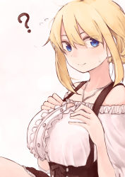 Rule 34 | 1girl, ?, blonde hair, blouse, blue eyes, breasts, closed mouth, eyes visible through hair, flying sweatdrops, hair between eyes, hands up, highres, kinpatsu-chan (rucchiifu), large breasts, original, rucchiifu, shirt, simple background, sitting, smile, solo, white background, white shirt