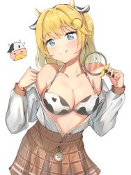 Rule 34 | 1girl, absurdres, animal ears, animal print, bare shoulders, blonde hair, blue eyes, bra, breasts, cleavage, clothes pull, collarbone, cow ears, cow horns, cow print, highres, hololive, hololive english, horns, long sleeves, looking at viewer, magnifying glass, open clothes, open shirt, plaid, plaid skirt, simple background, skir, skirt, smile, tongue, tongue out, underwear, upper body, virtual youtuber, watch, watson amelia, white background