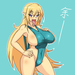 Rule 34 | 1girl, blonde hair, blue eyes, breasts, curvy, demon girl, dr. bug, dr.kumamushi, fangs, female focus, green background, hand on own hip, heart, heart-shaped pupils, huge breasts, long hair, looking at viewer, one-piece swimsuit, open mouth, original, outline, pointy ears, sideboob, simple background, smile, solo, standing, swimsuit, symbol-shaped pupils, text focus, tongue, tongue out, translated, very long hair