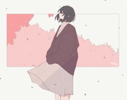 Rule 34 | 1girl, artist name, cherry blossoms, closed mouth, crying, crying with eyes open, day, highres, long sleeves, looking up, original, outdoors, pink background, short hair, signature, simple background, skirt, sleeves past wrists, solo, standing, tears, uzyuzu37, wind