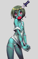 Rule 34 | 1girl, :o, blue skin, breasts, cameltoe, chyko7080, clothes pull, colored skin, contrapposto, drooling, fangs, green hair, green skin, knife, knife in head, lowleg, lowleg panties, monster girl, object through head, off shoulder, open mouth, original, own hands together, panties, red eyes, scar, sharp teeth, shirt pull, short hair, sideboob, simple background, small breasts, solo, standing, stitches, teeth, torn clothes, undead, underwear, white background, white panties, wide-eyed, zombie