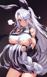 Rule 34 | 1girl, puff of air, azur lane, bare shoulders, black skirt, braid, breasts, closed mouth, collared shirt, cowboy shot, crop top, detached sleeves, hair between eyes, hair ribbon, highres, large breasts, long hair, looking at viewer, miniskirt, mo xiaoxue, necktie, no bra, one eye closed, pleated skirt, pout, prinz heinrich (azur lane), red eyes, ribbed shirt, ribbon, shirt, single braid, skirt, sleeveless, sleeveless shirt, solo, thighs, underboob, very long hair, white hair, white shirt
