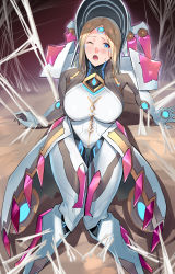 Rule 34 | 1girl, agate (xenoblade), blonde hair, blue eyes, blush, breasts, chest jewel, hat, highres, large breasts, medium hair, negresco, one eye closed, open mouth, restrained, silk, solo, spider web, sticky, sticky restraint, trapped, web bondage, xenoblade chronicles (series), xenoblade chronicles 2