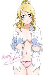 Rule 34 | 1girl, absurdres, artist name, ayase eli, azuresakura, blonde hair, blue eyes, blush, bow, bow panties, breasts, commentary request, hair ornament, hair scrunchie, highres, long hair, looking at viewer, love live!, love live! school idol project, medium breasts, navel, no bra, open clothes, open shirt, panties, pink panties, ponytail, scrunchie, shirt, smile, solo, thigh gap, underwear, undressing, white background, white scrunchie, white shirt