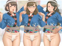 Rule 34 | 3girls, :d, :o, arm behind head, arms up, blurry, blurry background, blush, breasts, brown eyes, brown hair, closed mouth, female focus, festival, fundoshi, glasses, hairband, highres, japanese clothes, long hair, looking at viewer, medium breasts, medium hair, mizu happi, mole, mole under eye, mole under mouth, multiple girls, one eye closed, open mouth, original, plump, purple eyes, ryokucha michi, smile, standing, thighs