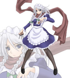 Rule 34 | 1girl, between fingers, blue eyes, braid, card, female focus, full body, hairband, highres, holding, holding card, izayoi sakuya, jack (playing card), jack of diamonds, knife, kuro suto sukii, long scarf, pantyhose, perfect cherry blossom, playing card, scarf, short hair, silver hair, solo, standing, touhou, twin braids, zoom layer