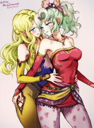 Rule 34 | 2023, 2girls, artist name, blonde hair, blue eyes, bodysuit, breasts, celes chere, cleavage, collarbone, covered navel, dated, detached sleeves, earrings, eye contact, final fantasy, final fantasy vi, green hair, grey background, grey eyes, hair intakes, hands on another&#039;s hips, hip vent, imminent kiss, jewelry, long hair, long sleeves, looking at another, medium breasts, mina cream, multiple girls, necklace, pantyhose, parted lips, pink pantyhose, ponytail, print pantyhose, red sleeves, strapless, tina branford, yellow bodysuit, yellow sleeves, yuri