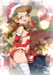 Rule 34 | 1girl, ass, bell, bikini, blurry, blurry background, blush, braid, braided ponytail, brand name imitation, breasts, brown hair, christmas, christmas ornaments, christmas tree, covered erect nipples, cowboy shot, diffraction spikes, elbow gloves, from behind, fur-trimmed gloves, fur trim, game boy, girl jordan, gloves, green eyes, handheld game console, hat, indoors, jcm2, jingle bell, jordan (the loud house), light blush, long hair, looking at viewer, looking back, neck bell, open mouth, red bikini, red gloves, santa bikini, santa hat, shiny skin, side-tie bikini bottom, skindentation, small breasts, smile, solo, sparkle, standing, striped clothes, striped thighhighs, swimsuit, the loud house, thighhighs