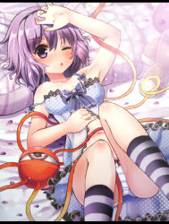 Rule 34 | 1girl, arm up, bare shoulders, bow, bow panties, collarbone, female focus, hairband, komeiji satori, letterboxed, lingerie, lying, navel, negligee, on back, one eye closed, open mouth, panties, petals, pillow, pinky out, purple eyes, purple hair, short hair, socks, solo, strap slip, striped clothes, striped legwear, striped panties, striped socks, stuffed animal, stuffed toy, sumisu (mondo), teddy bear, third eye, touhou, underwear, wink