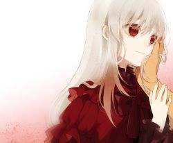 Rule 34 | 10s, 1girl, bow, bowtie, hair between eyes, hand on another&#039;s cheek, hand on another&#039;s face, hita (hitapita), k-project, kushina anna, long hair, red bow, red bowtie, red eyes, silver hair, smile, upper body, white background
