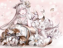 Rule 34 | 1girl, :d, blush, breasts, cleavage, gift, gloves, grey eyes, hair ornament, highres, jewelry, long hair, md5 mismatch, mizushirazu, necklace, open mouth, original, resolution mismatch, silver hair, smile, solo, source smaller