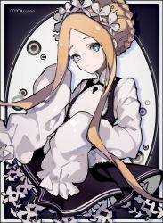 Rule 34 | 1girl, abigail williams (fate), abigail williams (festival outfit) (fate), black dress, blonde hair, blue eyes, blush, border, braid, butterfly hair ornament, captain yue, closed mouth, dress, fate/grand order, fate (series), hair ornament, long hair, long sleeves, looking at viewer, official alternate costume, parted bangs, pleated dress, shirt, sidelocks, sleeveless, sleeveless dress, sleeves past fingers, sleeves past wrists, solo, twitter username, very long hair, white border, white shirt