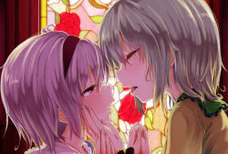 Rule 34 | 2girls, after kiss, blush, caesar8149, closed eyes, hairband, hand on another&#039;s chin, highres, holding hands, incest, interlocked fingers, komeiji koishi, komeiji satori, multiple girls, open mouth, pink eyes, pink hair, saliva, saliva trail, siblings, silver hair, sisters, stained glass, tongue, tongue out, touhou, upper body, yuri