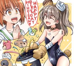 Rule 34 | 2girls, :d, ;d, animal ears, animal hands, bandages, bandaid, bear ears, bear tail, black headwear, black leotard, boko (girls und panzer), brown choker, brown eyes, brown gloves, brown hair, choker, commentary, confetti, covered navel, cross, english text, fake animal ears, girls und panzer, gloves, happy birthday, hat, highres, holding, holding clothes, holding hat, inset, kitayama miuki, leotard, light brown hair, long hair, multiple girls, nishizumi miho, one eye closed, one side up, open mouth, own hands together, paw gloves, shimada arisu, short hair, smile, star (symbol), strapless, strapless leotard, streamers, stuffed animal, stuffed toy, tail, teddy bear, top hat, unworn hat, unworn headwear