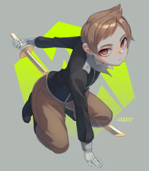 Rule 34 | 1boy, black jacket, blush, brown hair, brown pants, claus (mother 3), closed mouth, fighting stance, full body, grey background, holding, holding sword, holding weapon, jacket, long sleeves, looking at viewer, male focus, masked man (mother 3), mother (game), mother 3, nintendo, pants, red eyes, shifumame, short hair, socks, solo, spoilers, sword, weapon, white socks