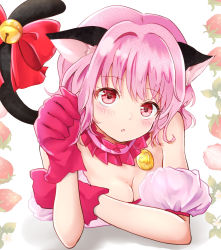 Rule 34 | 1girl, animal ears, bell, bow, breasts, cat ears, cat girl, cat tail, choker, cleavage, close-up, commentary request, detached sleeves, eyes visible through hair, food print, gloves, hair between eyes, head tilt, highres, large breasts, looking at viewer, lying, magical girl, mew ichigo, momomiya ichigo, nachosu, on stomach, parted lips, paw pose, pink hair, red eyes, red gloves, ribbon, short hair, sidelocks, simple background, solo, strawberry print, tail, tail bell, tail bow, tail ornament, tail ribbon, tokyo mew mew