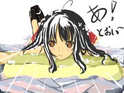 Rule 34 | 1girl, :o, bed sheet, black hair, blush, brown eyes, female focus, hakurei reimu, highres, illusionk, lying, on stomach, parted lips, short hair, sidelocks, simple background, solo, text focus, touhou, upper body, white background