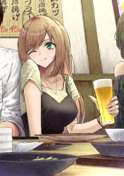 Rule 34 | 1boy, 2girls, absurdres, ahoge, alcohol, alternate costume, alternate hairstyle, aramachi, arm at side, beer, black camisole, black shirt, blonde hair, bowl, breast pocket, breasts, brown hair, camisole, camisole over clothes, casual, closed mouth, collarbone, commentary request, cup, drink, edamame, eyelashes, green hair, hand up, head tilt, heart, heart necklace, highres, holding, holding cup, idolmaster, idolmaster cinderella girls, indoors, jewelry, large breasts, leaning, leaning on person, leaning to the side, long hair, menu, menu board, multiple girls, multiple wristbands, necklace, off-shoulder shirt, off shoulder, one eye closed, out of frame, pendant, pink nails, plate, pocket, producer (idolmaster), restaurant, sato shin, shirt, short sleeves, sidelocks, sitting, solo focus, straight hair, swept bangs, t-shirt, takagaki kaede, tongue, tongue out, translation request, tray, white shirt, wristband, yunomi